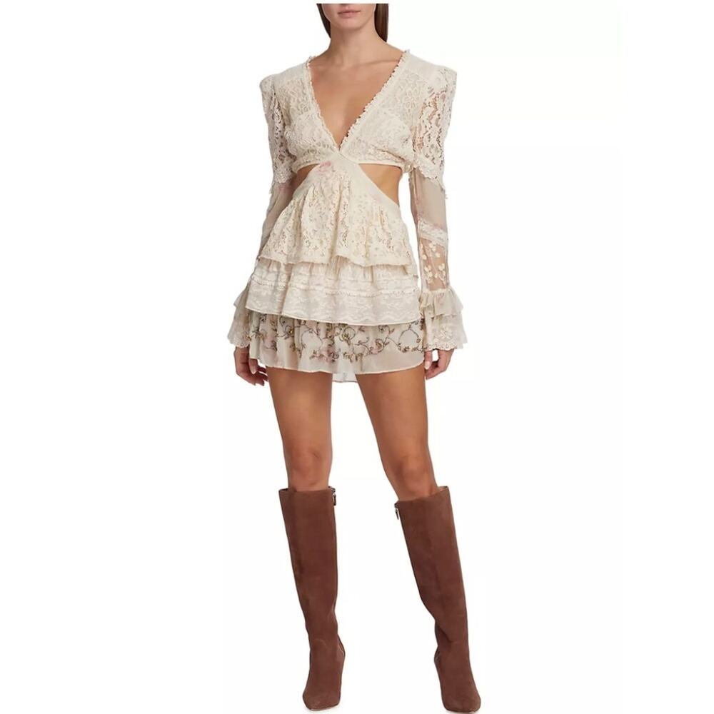 NEW LoveShackFancy Karine Mini Dress Magnolia Tea White Cream Lace Long Sleeve
